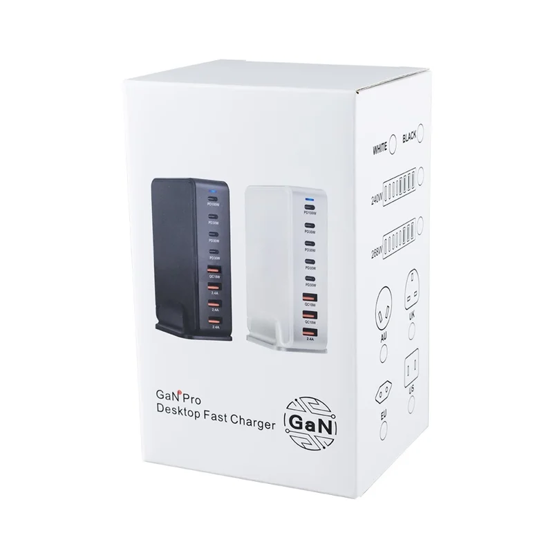 600W GaN Desktop Charger Type-C + USB-A 8-Port Fast Charging Station for Laptops Tablets Smartphones - White  /  US Plug