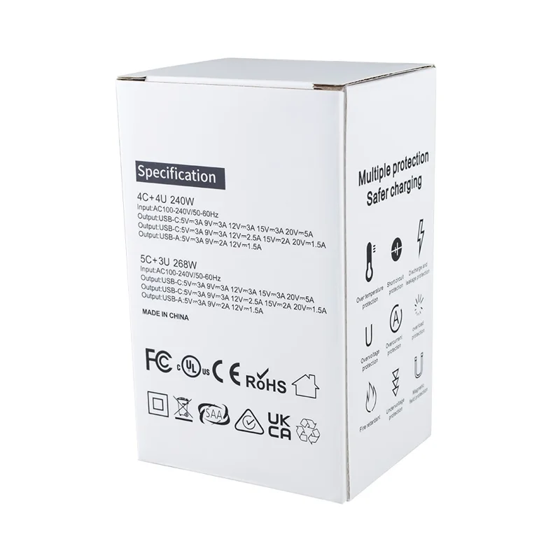 600W GaN Desktop Charger Type-C + USB-A 8-Port Fast Charging Station for Laptops Tablets Smartphones - White  /  US Plug