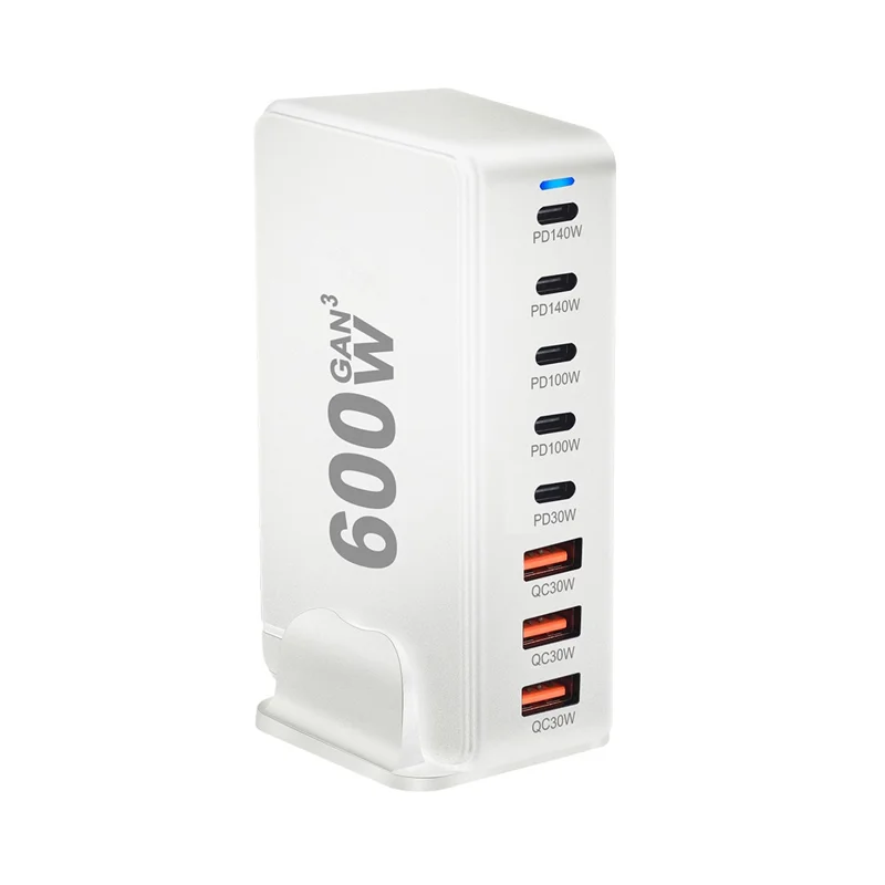 600W GaN Desktop Charger Type-C + USB-A 8-Port Fast Charging Station for Laptops Tablets Smartphones - White  /  US Plug