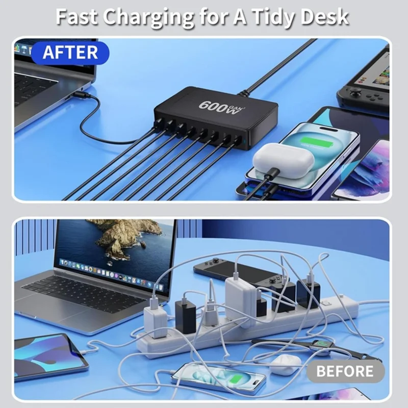 600W GaN Desktop Charger Type-C + USB-A 8-Port Fast Charging Station for Laptops Tablets Smartphones - White  /  US Plug