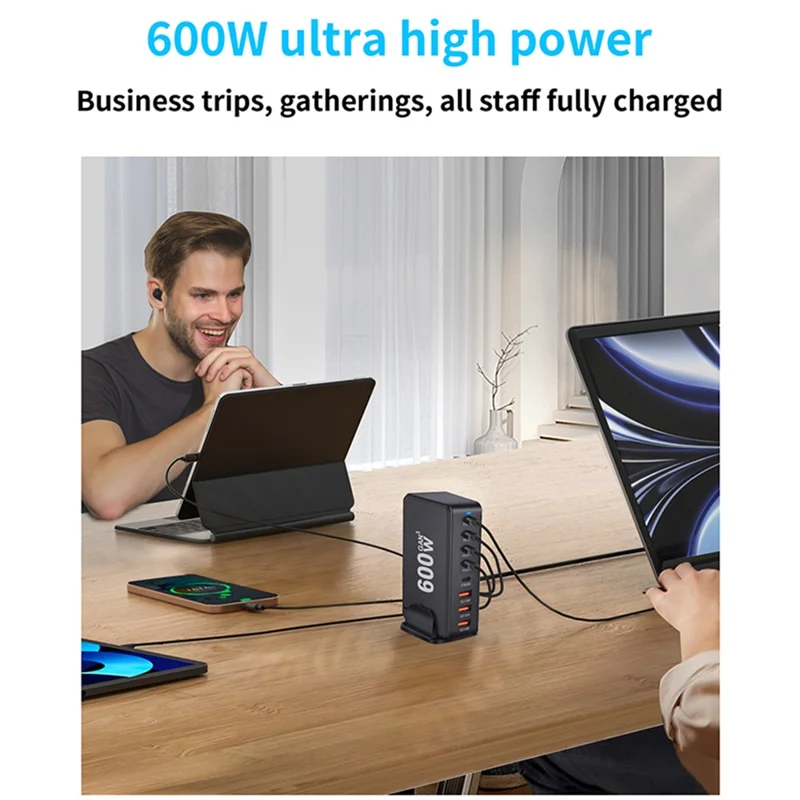 600W GaN Desktop Charger Type-C + USB-A 8-Port Fast Charging Station for Laptops Tablets Smartphones - White  /  US Plug
