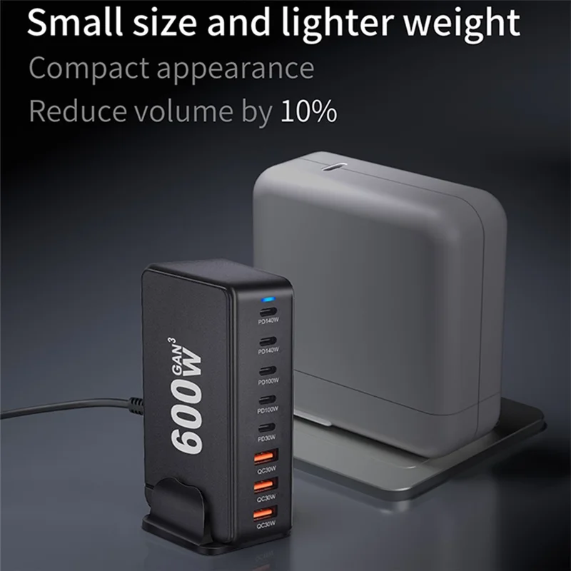 600W GaN Desktop Charger Type-C + USB-A 8-Port Fast Charging Station for Laptops Tablets Smartphones - White  /  US Plug