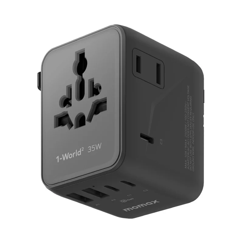 MOMAX UA27 1-World 2 Dual AC Mini GaN Global Adapter 35W Multi-Port Wall Charger Block Charging Station for Travel - Black