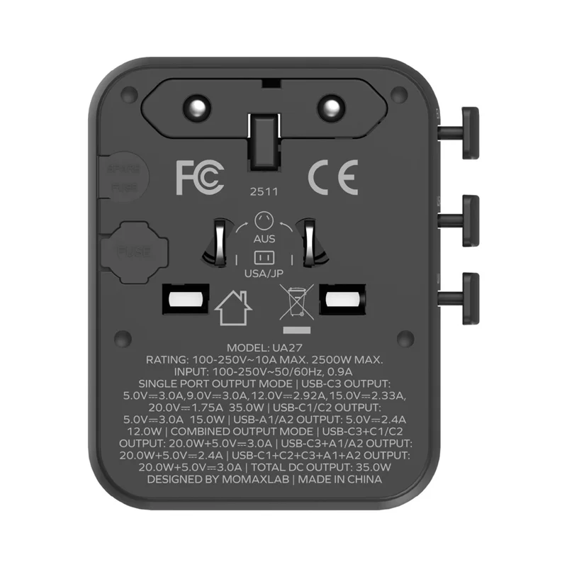 MOMAX UA27 1-World 2 Dual AC Mini GaN Global Adapter 35W Multi-Port Wall Charger Block Charging Station for Travel - Black