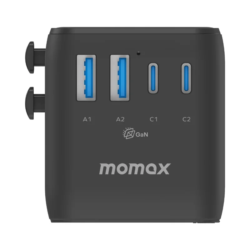 MOMAX UA27 1-World 2 Dual AC Mini GaN Global Adapter 35W Multi-Port Wall Charger Block Charging Station for Travel - Black