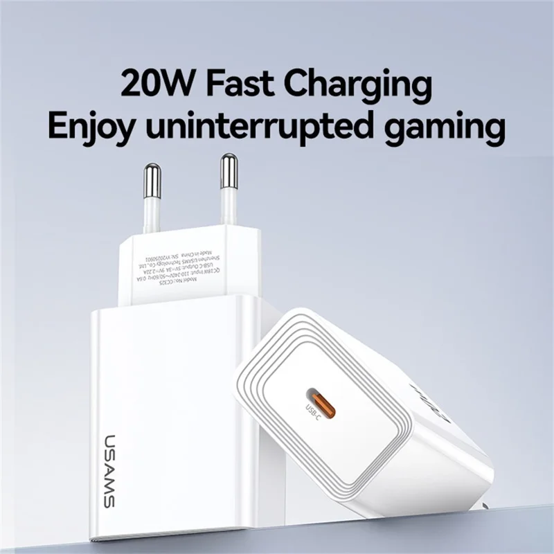 USAMS CC325 T69 20W Fast Charger USB-C Power Adapter for iPhone / Xiaomi / Samsung, EU Plug