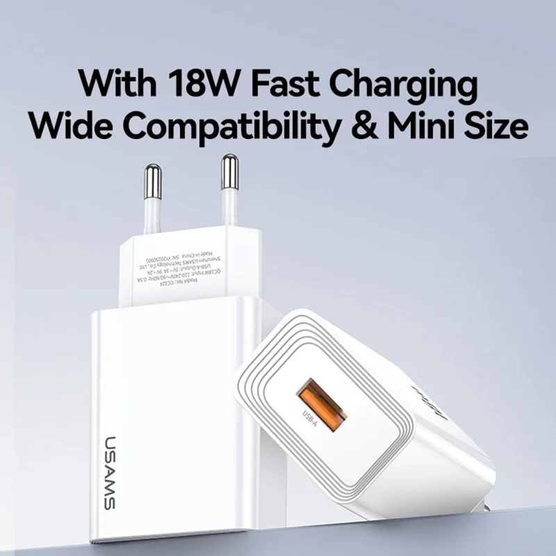 USAMS CC324 T69 QC 18W Fast Charger Adapter Quick Charge Wide Voltage Wall Charger Block, EU Plug