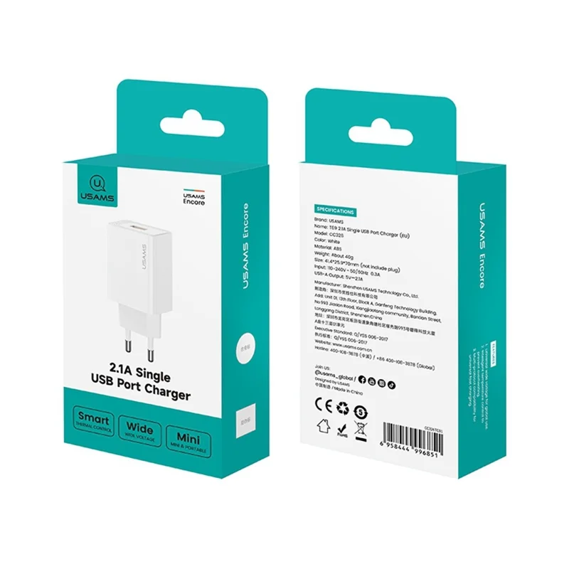 USAMS CC326 T69 Single USB Charger 2.1A Fast Charging Power Adapter Wide Voltage, EU Plug
