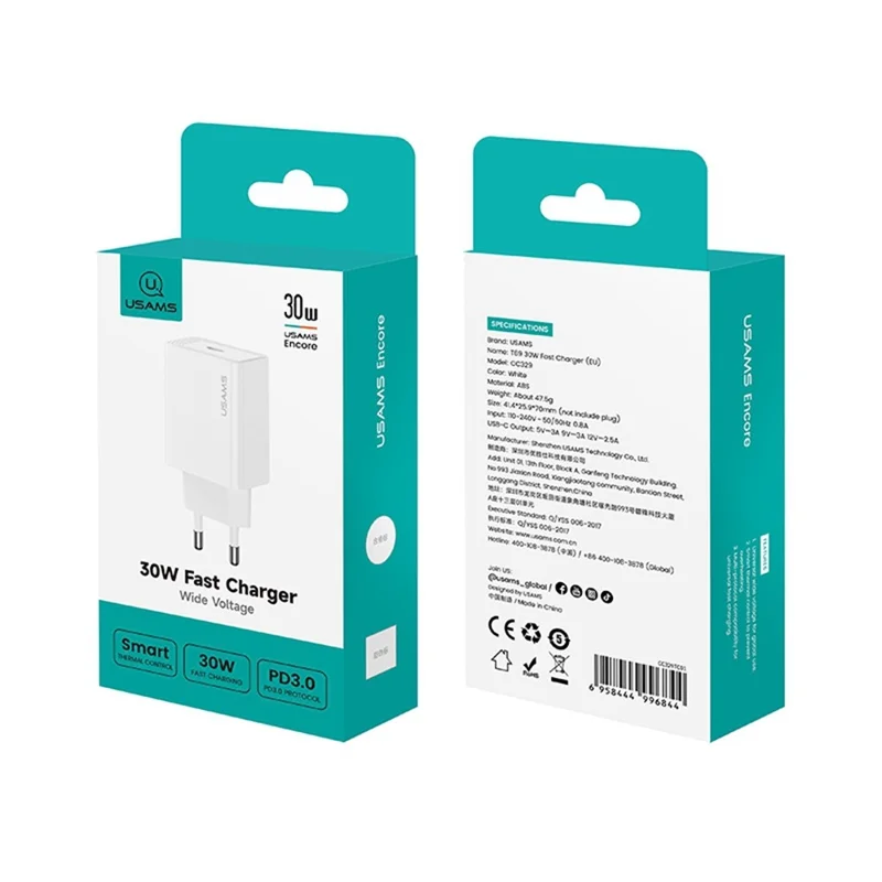 USAMS CC329 T69 30W Charger Adapter Fast Charging PD3.0 Protocol Wide Voltage Wall Charger, EU Plug