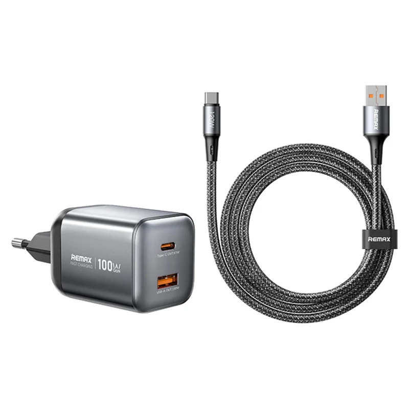 REMAX CA-15 100W GaN Foldable Travel Adapter EU Plug with A-C Fast Charging Cable