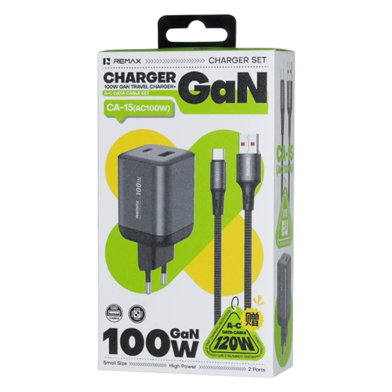 REMAX CA-15 100W GaN Foldable Travel Adapter EU Plug with A-C Fast Charging Cable