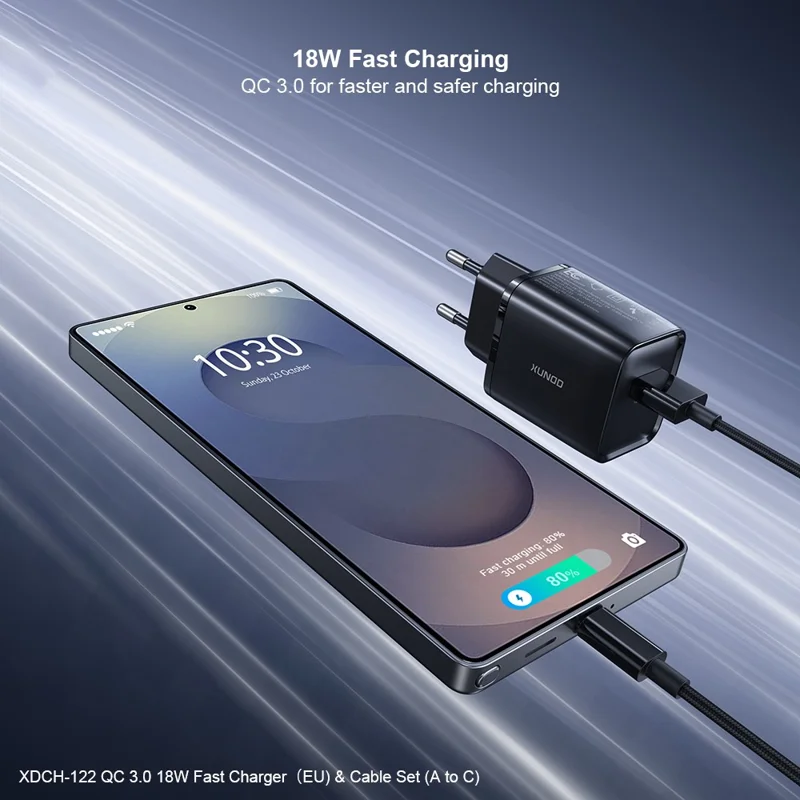 XUNDD XDCH-122 Caricatore Veloce USB-A 18 W per Smartphone / Tablet QC 3.0 Adattatore di Alimentazione con Cavo USB-C - Spina USA