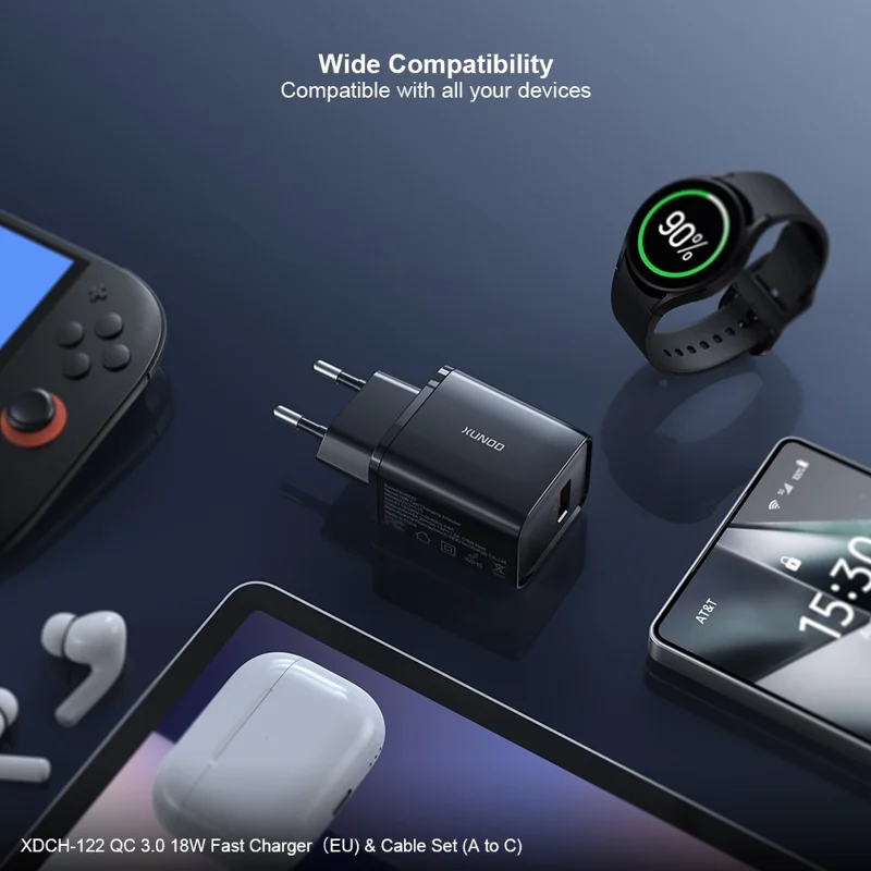 XUNDD XDCH-122 Caricatore Veloce USB-A 18 W per Smartphone / Tablet QC 3.0 Adattatore di Alimentazione con Cavo USB-C - Spina USA