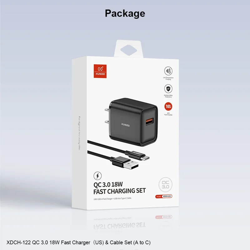 XUNDD XDCH-122 Caricatore Veloce USB-A 18 W per Smartphone / Tablet QC 3.0 Adattatore di Alimentazione con Cavo USB-C - Spina USA