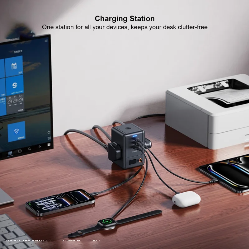 XUNDD XDCH-123 PD 30W Presa Universale USB con Cavo Estraibile, Stazione di Ricarica da Scrivania, 2 AC + 3 USB-C + 1 USB-A - Spina UE