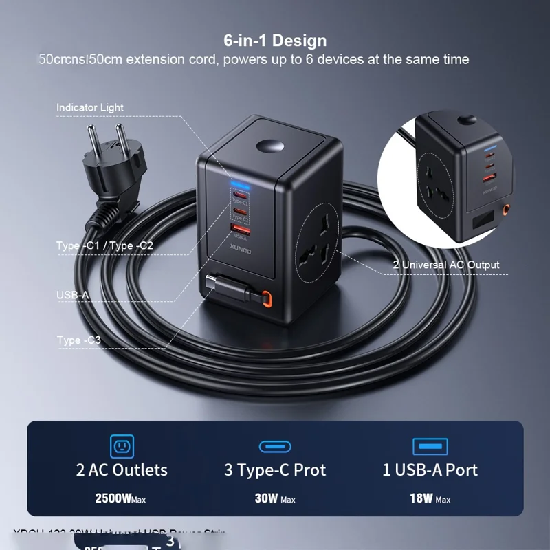 XUNDD XDCH-123 PD 30W Presa Universale USB con Cavo Estraibile, Stazione di Ricarica da Scrivania, 2 AC + 3 USB-C + 1 USB-A - Spina UE