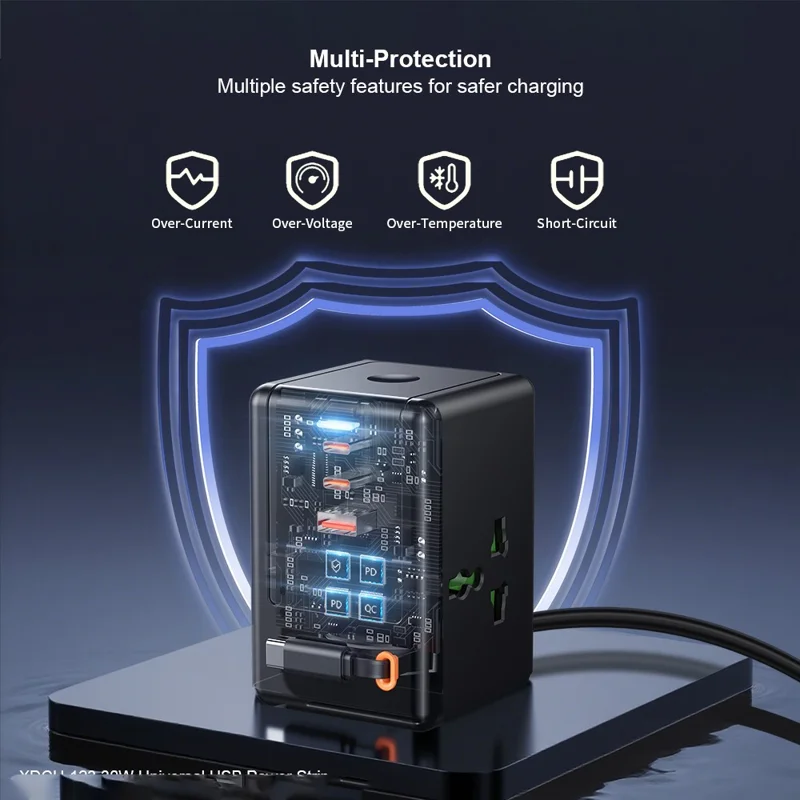 XUNDD XDCH-123 PD 30W Presa Universale USB con Cavo Estraibile, Stazione di Ricarica da Scrivania, 2 AC + 3 USB-C + 1 USB-A - Spina UE