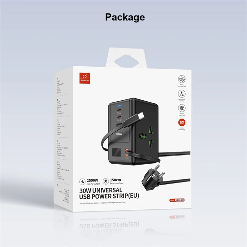 XUNDD XDCH-123 PD 30W Presa Universale USB con Cavo Estraibile, Stazione di Ricarica da Scrivania, 2 AC + 3 USB-C + 1 USB-A - Spina UE