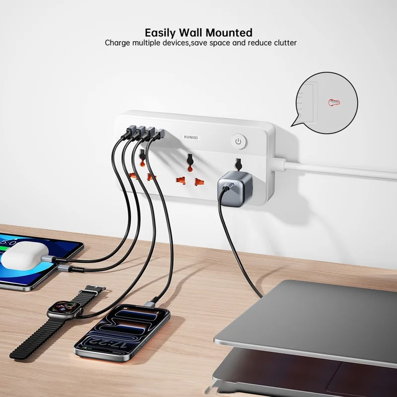 XUNDD XDCH-128 Universal USB Power Strip 7 in 1 PD 20W Fast Charging Station, 3 AC + 3 USB-A + 1 Type-C - US Plug