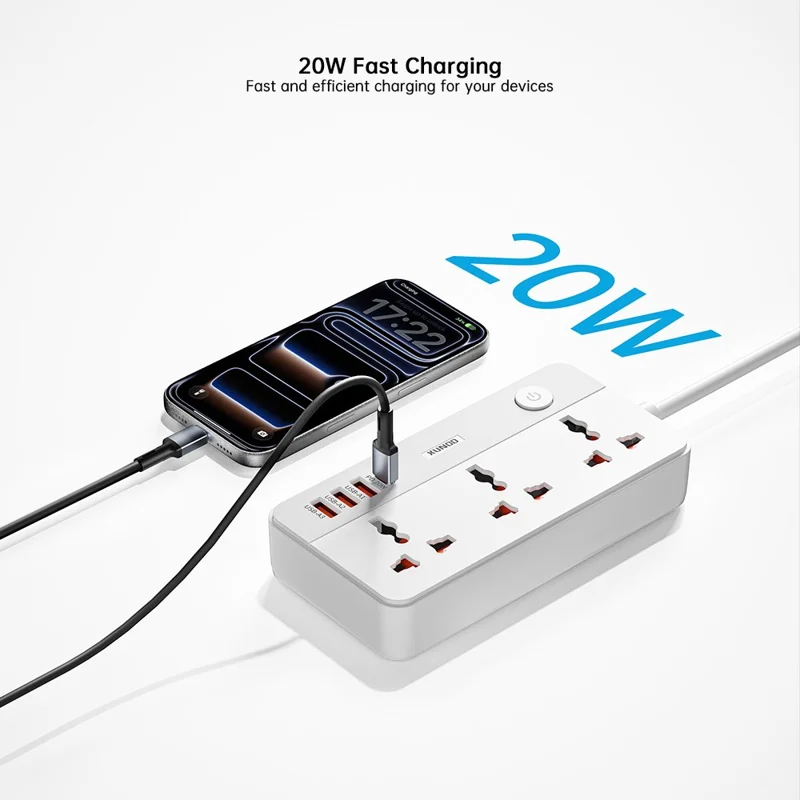 XUNDD XDCH-128 Universal USB Power Strip 7 in 1 PD 20W Fast Charging Station, 3 AC + 3 USB-A + 1 Type-C - US Plug