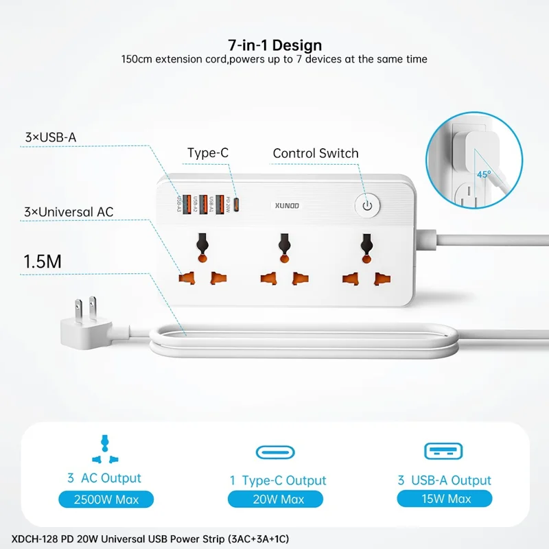 XUNDD XDCH-128 Universal USB Power Strip 7 in 1 PD 20W Fast Charging Station, 3 AC + 3 USB-A + 1 Type-C - US Plug