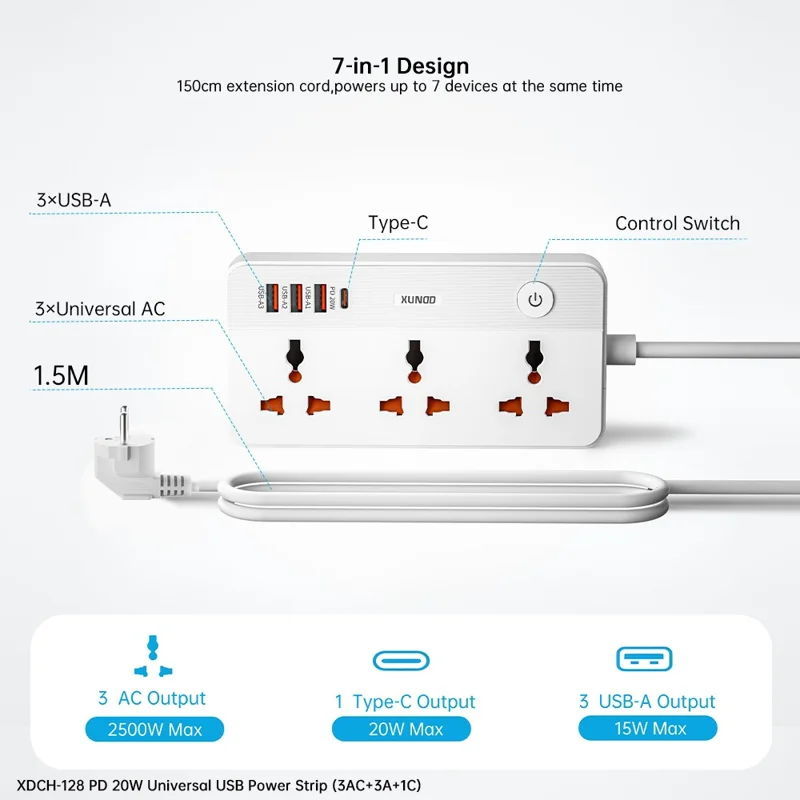 XUNDD XDCH-128 Universal USB Power Strip 7 in 1 PD 20W Fast Charging Station, 3 AC + 3 USB-A + 1 Type-C - US Plug