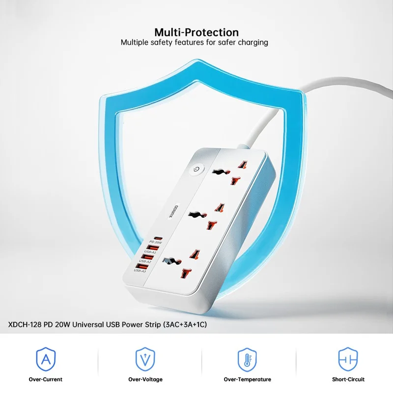 XUNDD XDCH-128 Universal USB Power Strip 7 in 1 PD 20W Fast Charging Station, 3 AC + 3 USB-A + 1 Type-C - US Plug