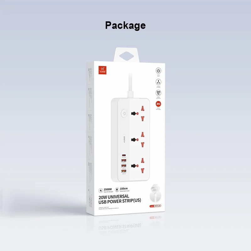 XUNDD XDCH-128 Universal USB Power Strip 7 in 1 PD 20W Fast Charging Station, 3 AC + 3 USB-A + 1 Type-C - US Plug