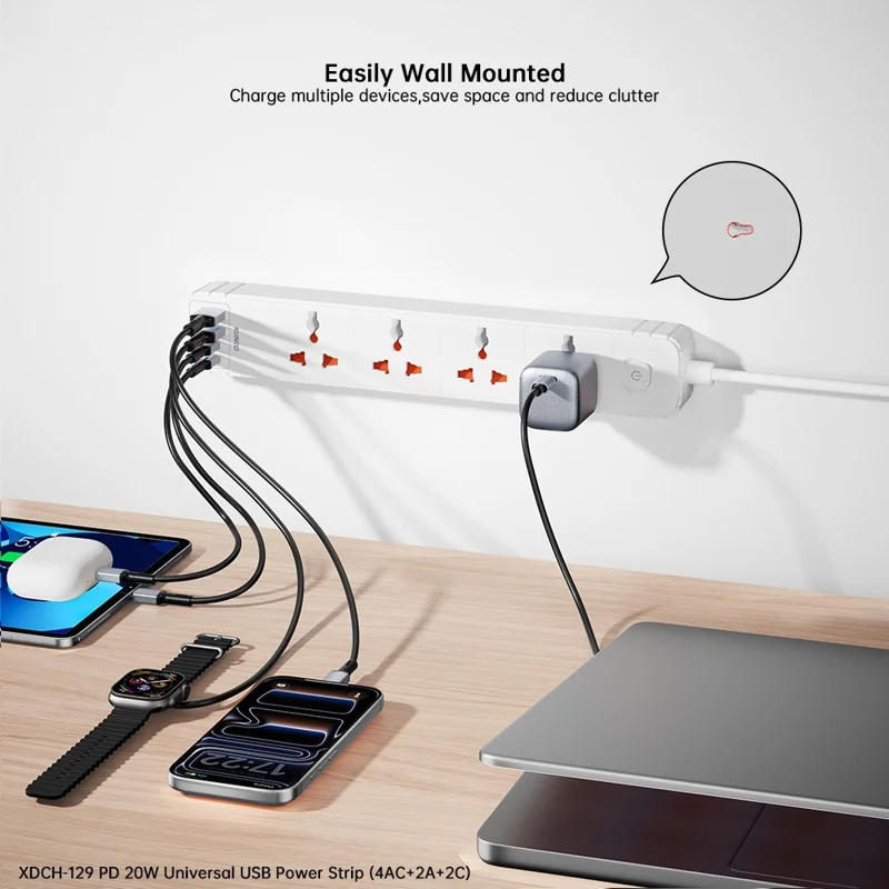 XUNDD XDCH-129 Universel 8 en 1 Bloc d'alimentation USB avec 4 Prises CA + 2 Ports USB-A + 2 Ports USB-C Adaptateur de Chargement Rapide PD 20 W - Prise US