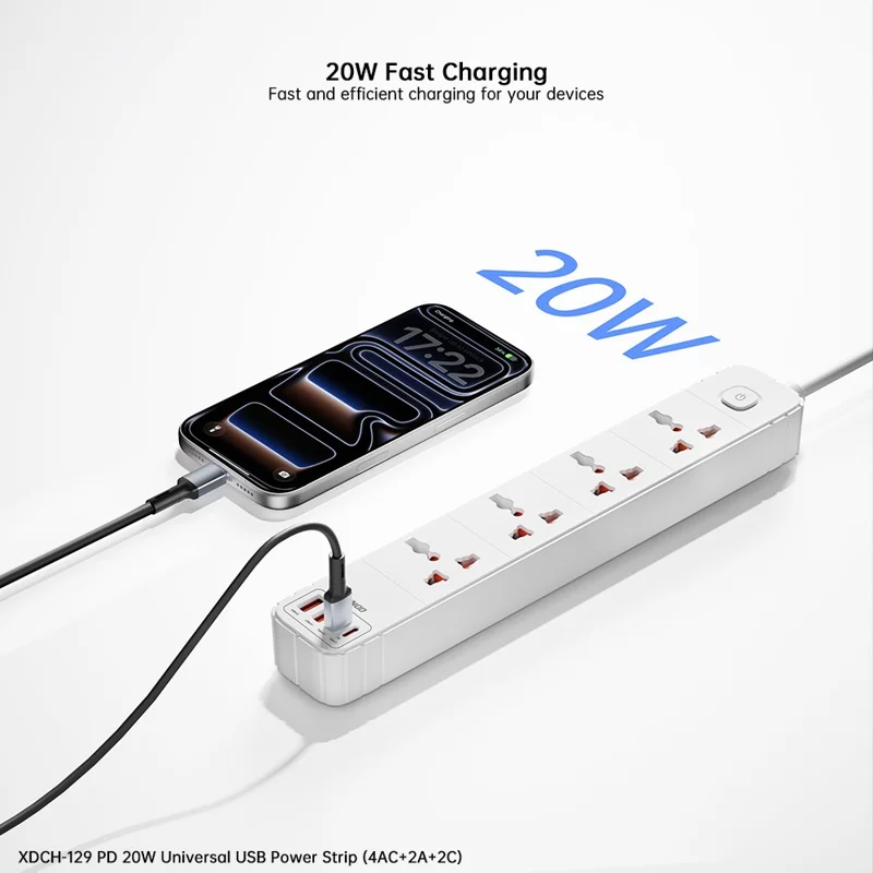 XUNDD XDCH-129 Universel 8 en 1 Bloc d'alimentation USB avec 4 Prises CA + 2 Ports USB-A + 2 Ports USB-C Adaptateur de Chargement Rapide PD 20 W - Prise US
