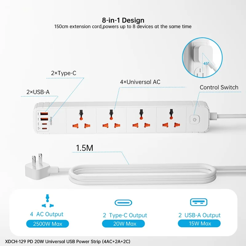 XUNDD XDCH-129 Universel 8 en 1 Bloc d'alimentation USB avec 4 Prises CA + 2 Ports USB-A + 2 Ports USB-C Adaptateur de Chargement Rapide PD 20 W - Prise US