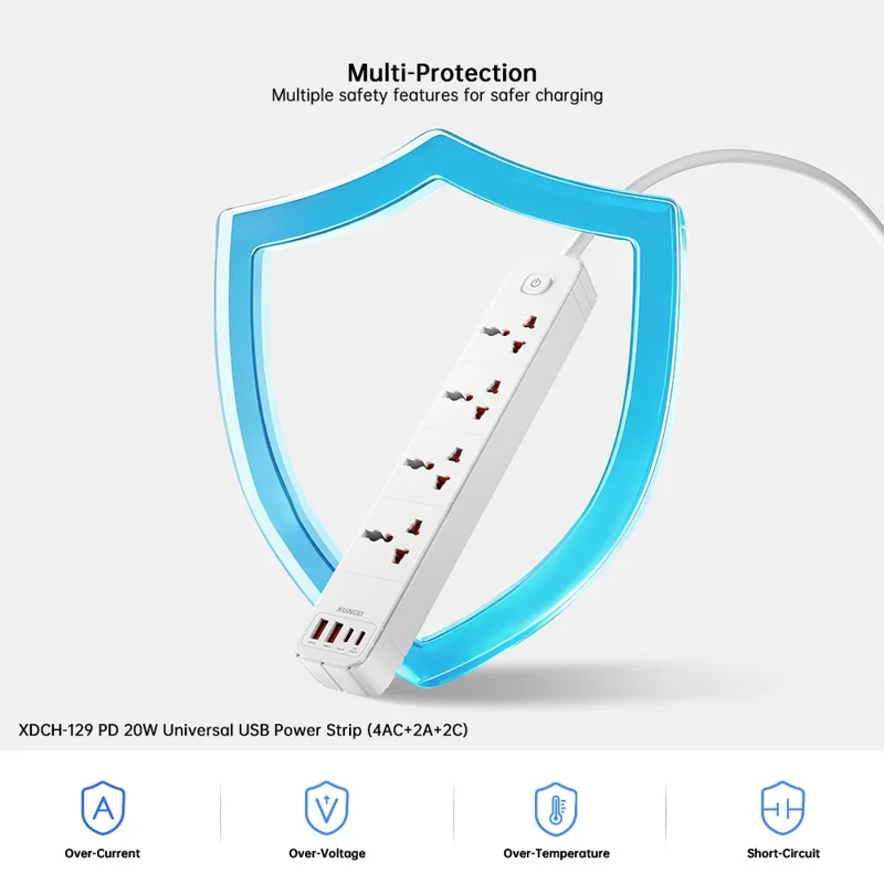 XUNDD XDCH-129 Universel 8 en 1 Bloc d'alimentation USB avec 4 Prises CA + 2 Ports USB-A + 2 Ports USB-C Adaptateur de Chargement Rapide PD 20 W - Prise US
