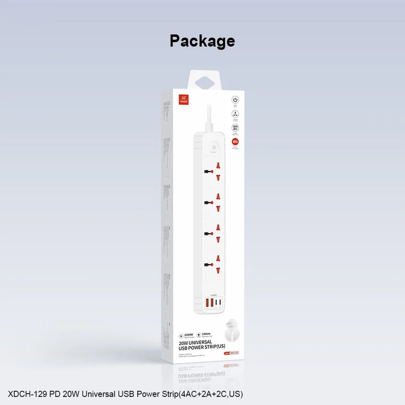 XUNDD XDCH-129 Universel 8 en 1 Bloc d'alimentation USB avec 4 Prises CA + 2 Ports USB-A + 2 Ports USB-C Adaptateur de Chargement Rapide PD 20 W - Prise US