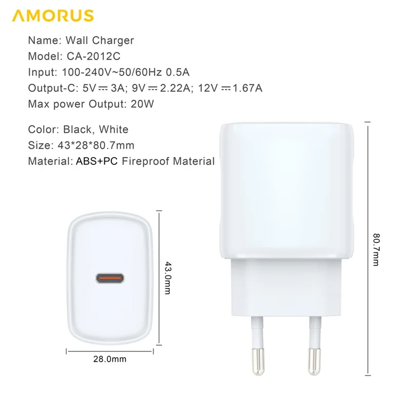 AMORUS PD 20W Type-C Fast Charging Wall Charger for Smartphone / Tablet / Laptop Power Adapter, EU Plug - White