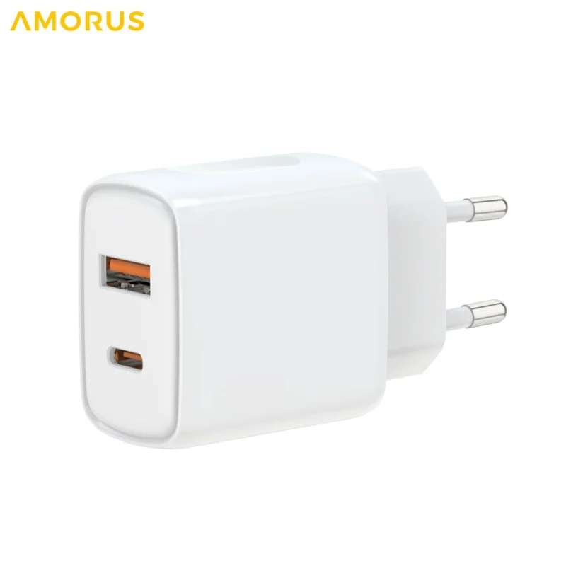 AMORUS PD 20W + 18W Fast Charging Wall Charger USB-A + Type-C Dual Port Smart Power Adapter, EU Plug - White