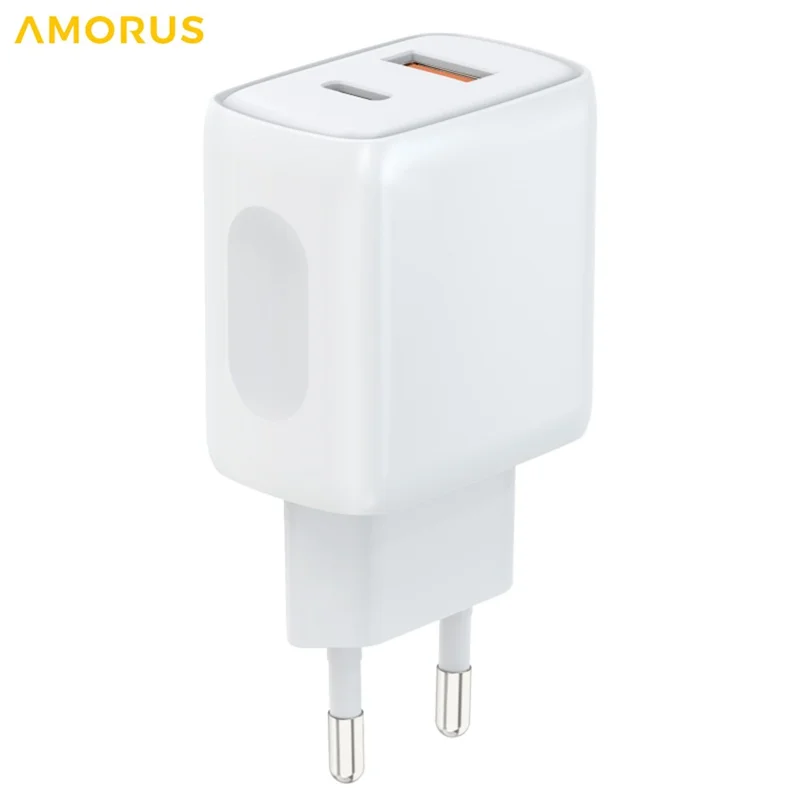 AMORUS PD 20W + 18W Fast Charging Wall Charger USB-A + Type-C Dual Port Smart Power Adapter, EU Plug - White