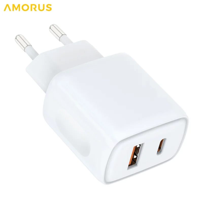 AMORUS PD 20W + 18W Fast Charging Wall Charger USB-A + Type-C Dual Port Smart Power Adapter, EU Plug - White