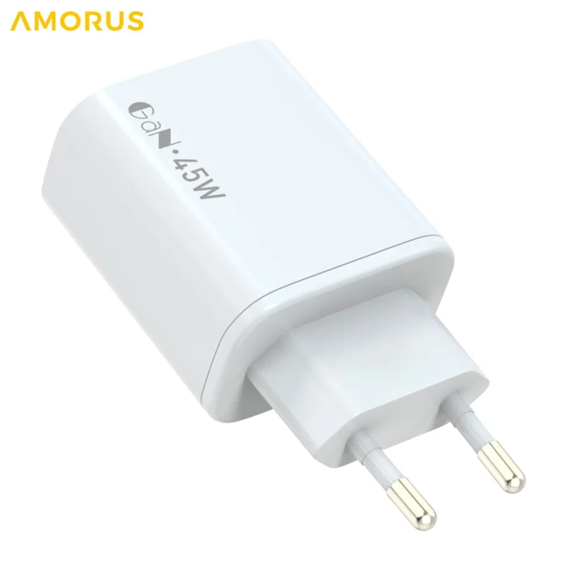 AMORUS PD 45W Type-C Fast Charging Wall Charger Dual USB-C Ports GaN Power Adapter, EU Plug - White