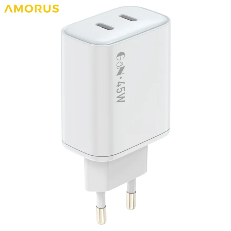 AMORUS PD 45W Type-C Fast Charging Wall Charger Dual USB-C Ports GaN Power Adapter, EU Plug - White