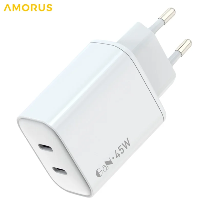 AMORUS PD 45W Type-C Fast Charging Wall Charger Dual USB-C Ports GaN Power Adapter, EU Plug - White