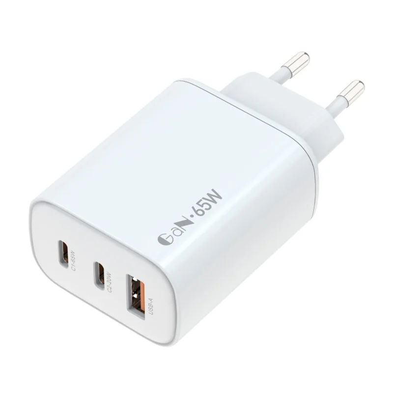 AMORUS PD 65W USB-A + Dual Type-C Fast Charging Wall Charger GaN Power Adapter for Laptop / Smartphone / Tablet, EU Plug - White