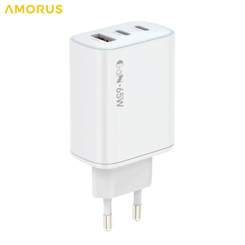 AMORUS PD 65W USB-A + Dual Type-C Fast Charging Wall Charger GaN Power Adapter for Laptop / Smartphone / Tablet, EU Plug - White