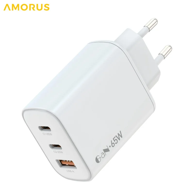AMORUS PD 65W USB-A + Dual Type-C Fast Charging Wall Charger GaN Power Adapter for Laptop / Smartphone / Tablet, EU Plug - White