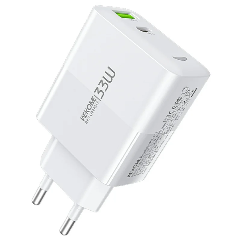 VEKOME WP-U101 33W Fast Charger Portable USB-A + Type-C Dual Port Power Adapter, EU Plug - White
