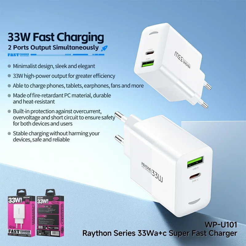 VEKOME WP-U101 33W Fast Charger Portable USB-A + Type-C Dual Port Power Adapter, EU Plug - White