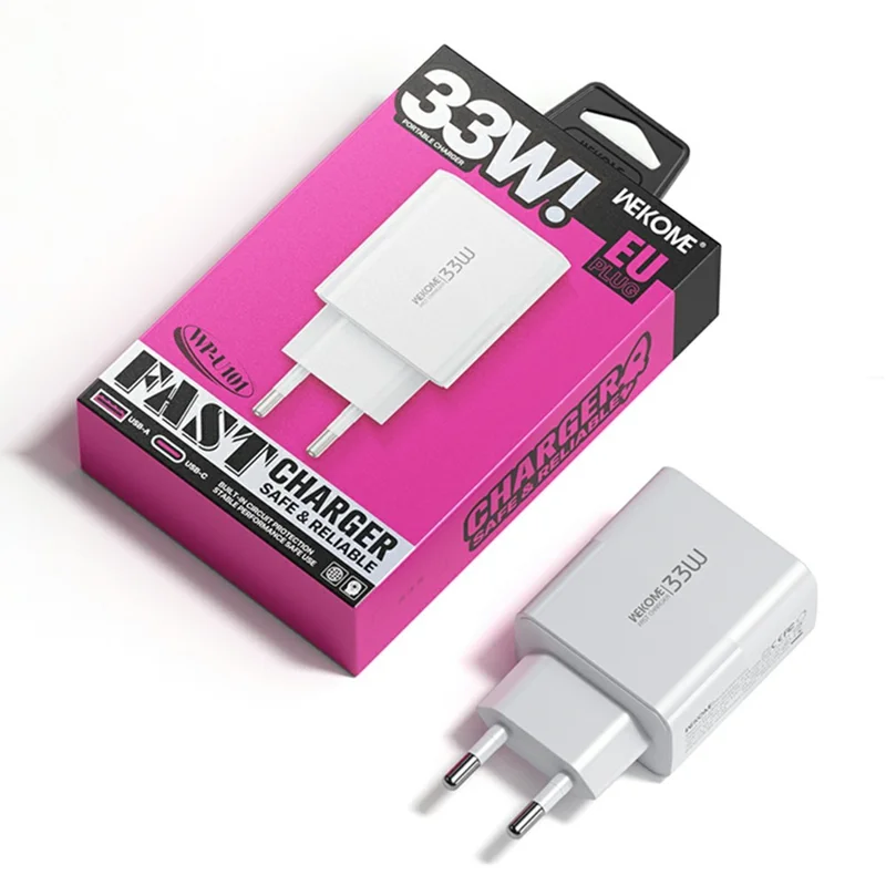 VEKOME WP-U101 33W Fast Charger Portable USB-A + Type-C Dual Port Power Adapter, EU Plug - White