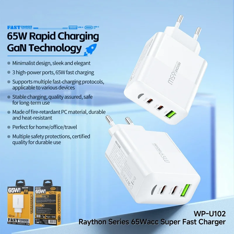 WEKOME WP-U102 65W GaN Fast Charger USB-A + 2 Type-C Power Adapter for Smartphone / Laptop / Tablet, EU Plug - White