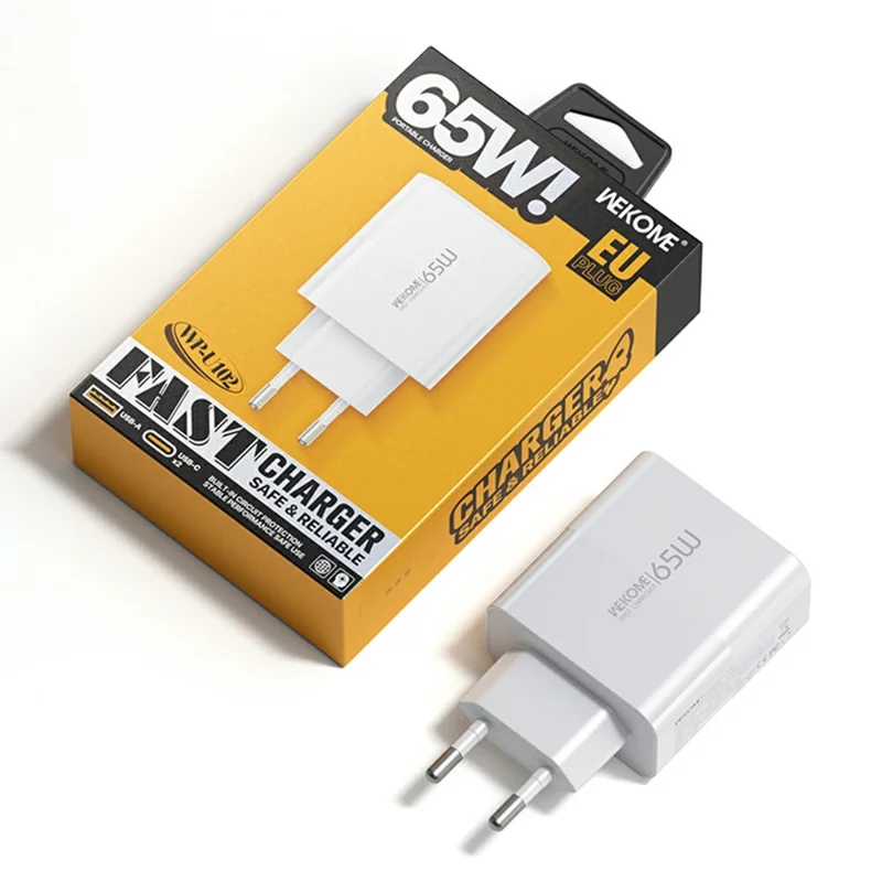 WEKOME WP-U102 65W GaN Fast Charger USB-A + 2 Type-C Power Adapter for Smartphone / Laptop / Tablet, EU Plug - White