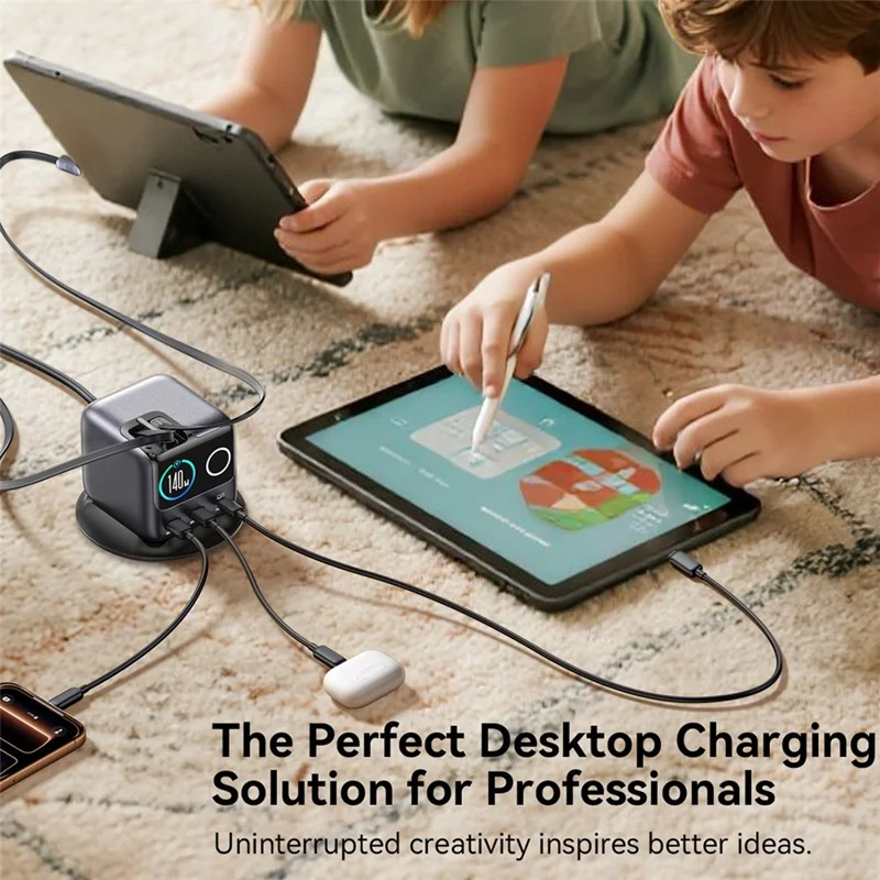 JOYROOM JR-TRD01 140W GaN-lader 5-port skrivebordsoplader med indbyggede kabler - EU-stik