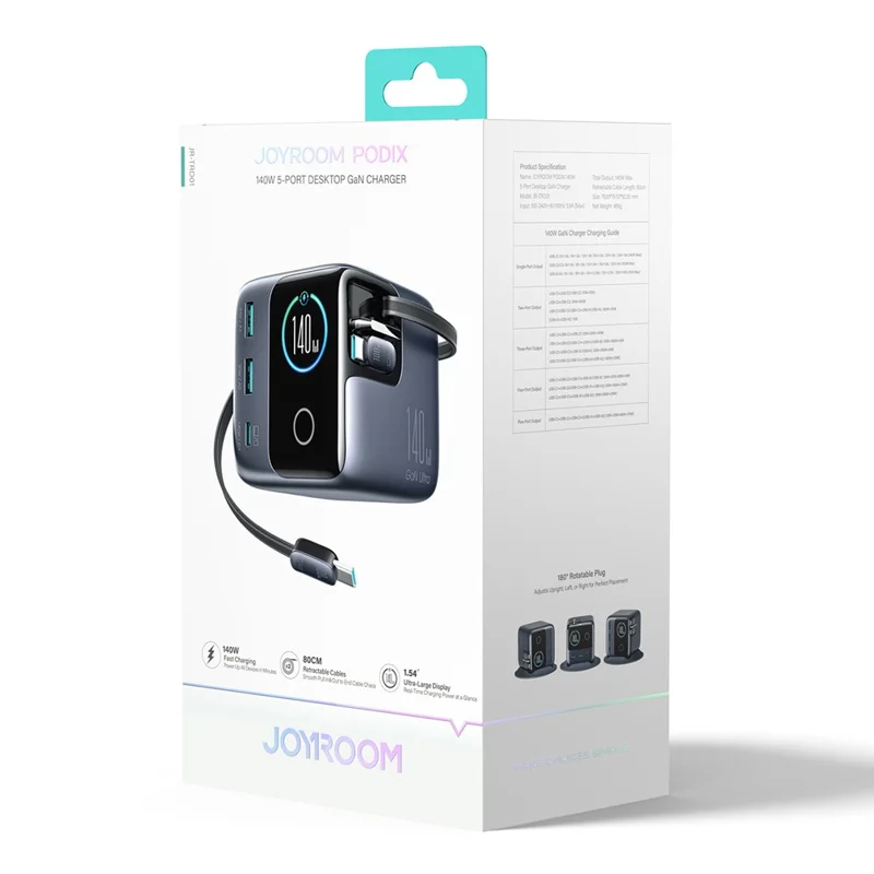 JOYROOM JR-TRD01 140W GaN-lader 5-port skrivebordsoplader med indbyggede kabler - EU-stik